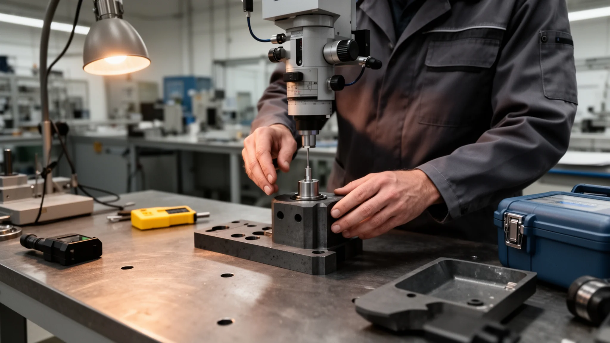 Ein Techniker kalibriert einen Messkopf an einem industriellen Prüfplatz.