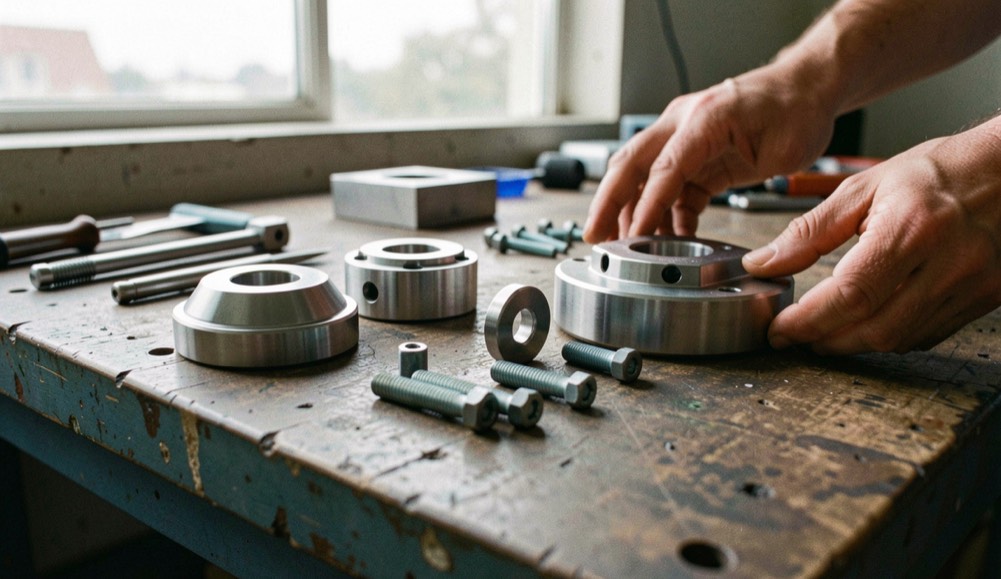 Several clean machined components and fasteners are arranged in assembly order on a workbench, one hand reaching into frame.