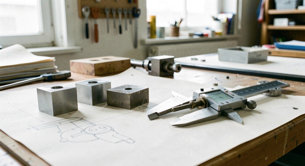 A caliper, machined blocks, and a partially assembled mechanism rest beside a drafting board in a bright workshop.