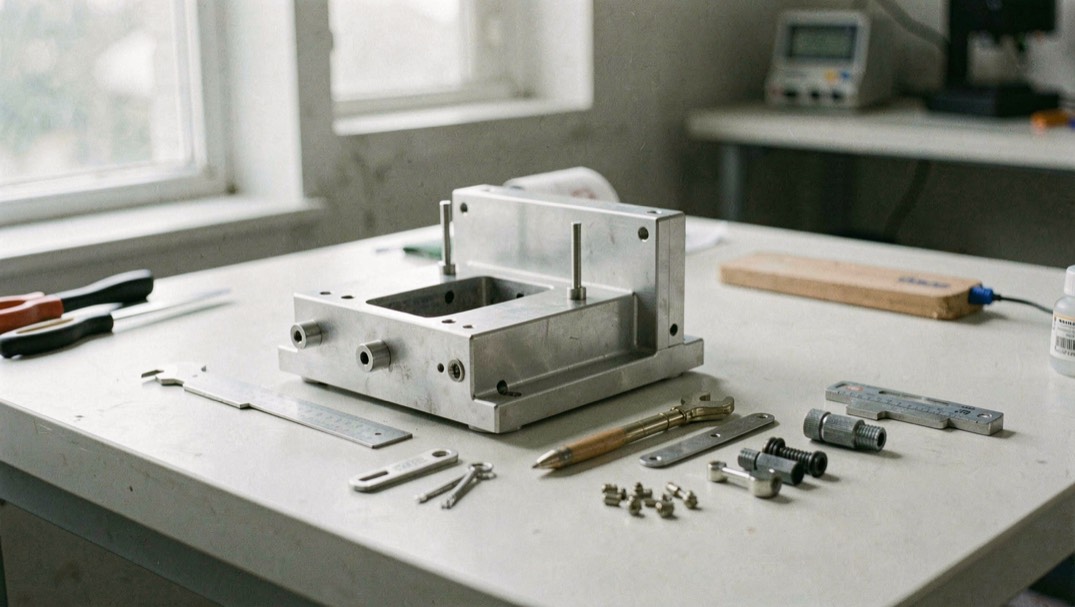 A neutral metal assembly, measurement tools, and loose components sit on a clean engineering bench in daylight.