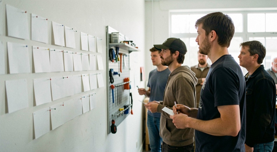 A team stands around a clear wall with blank cards and pins in a bright workshop, viewed from the side.