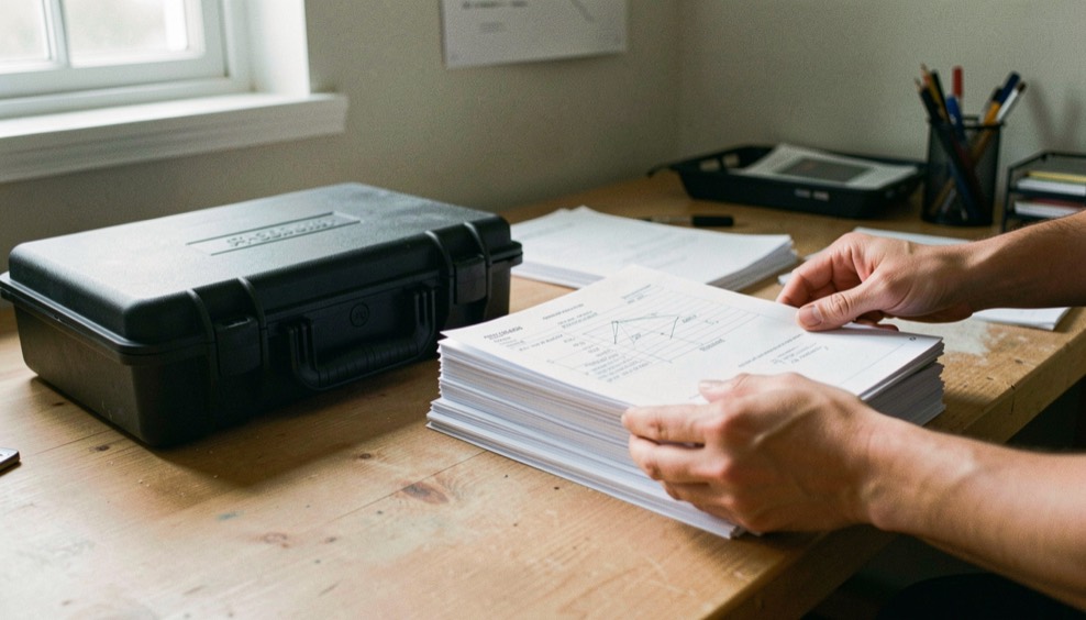 Hands move a stack of technical folders beside a hard case on a tidy workbench in natural light.