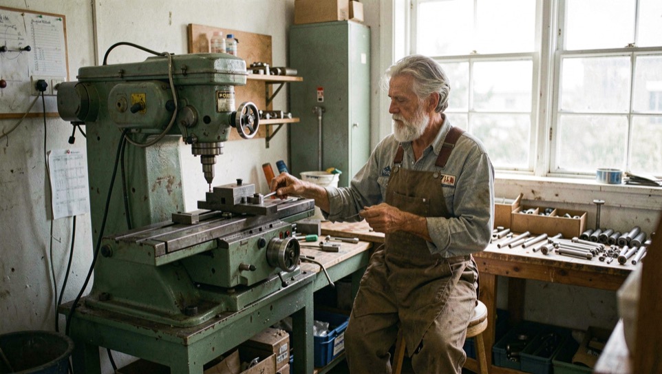 A compact workshop contains one machinist, a milling machine, and a tidy bench of parts under daylight.