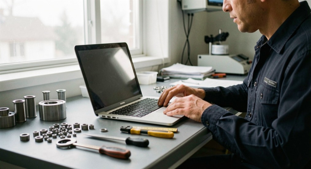 An engineer works at a clean bench with a closed laptop, metal parts, and measuring tools in soft window light.