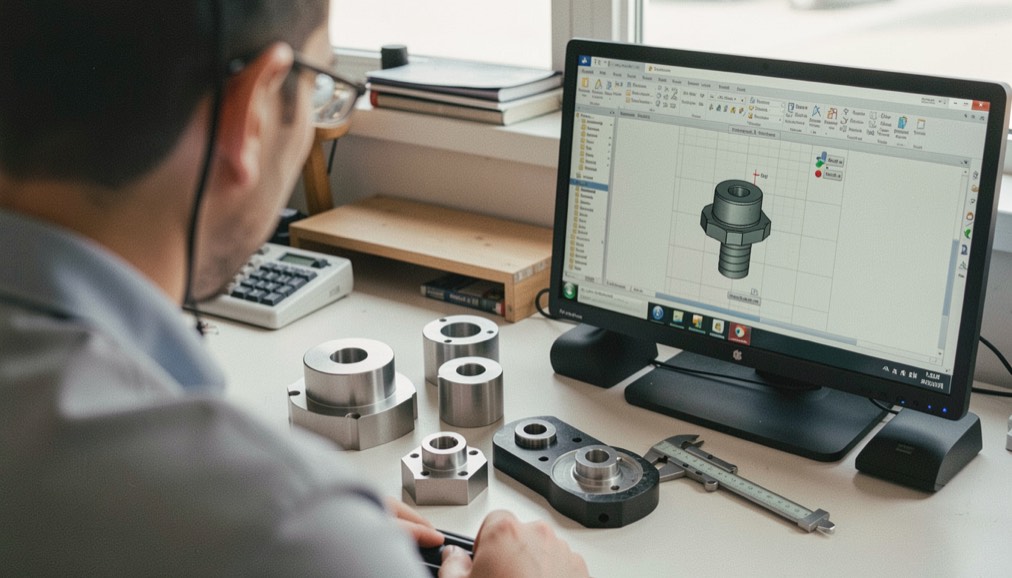 A CAD workstation sits beside physical machined parts and a caliper, viewed over an engineer shoulder in natural light.