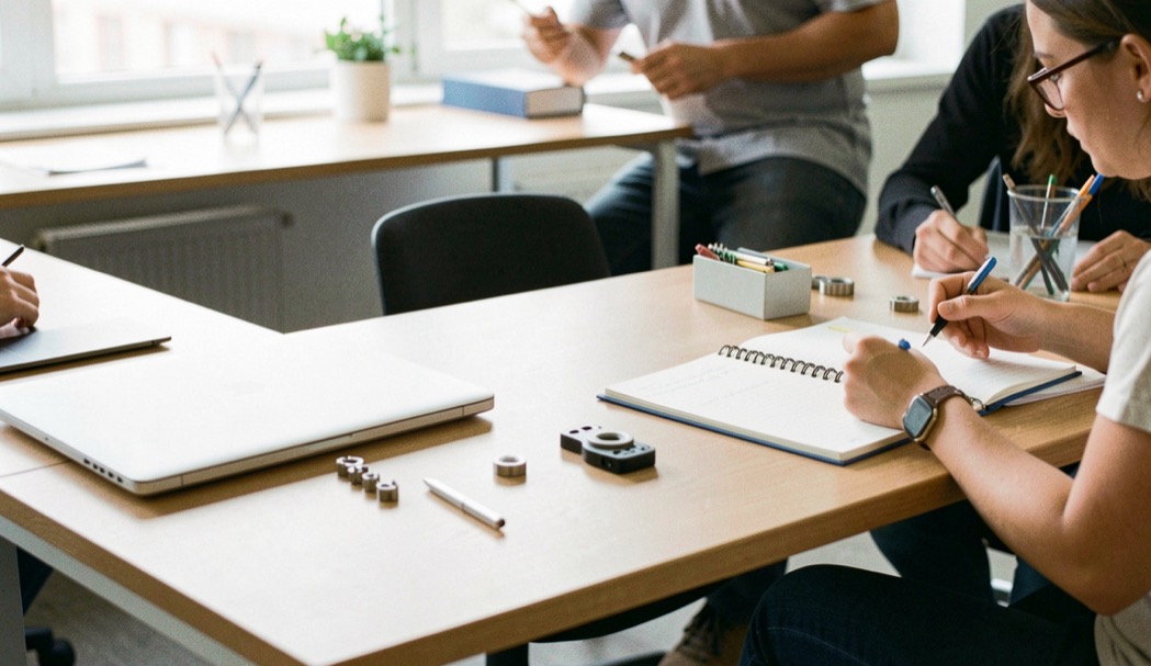 A bright collaborative workshop has two desks, sample parts, and a closed laptop beside a notebook, candid side view.