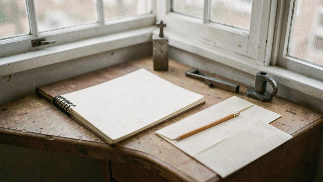 A small correspondence desk holds a blank notebook, pencil, envelope, and metal component beside a window.