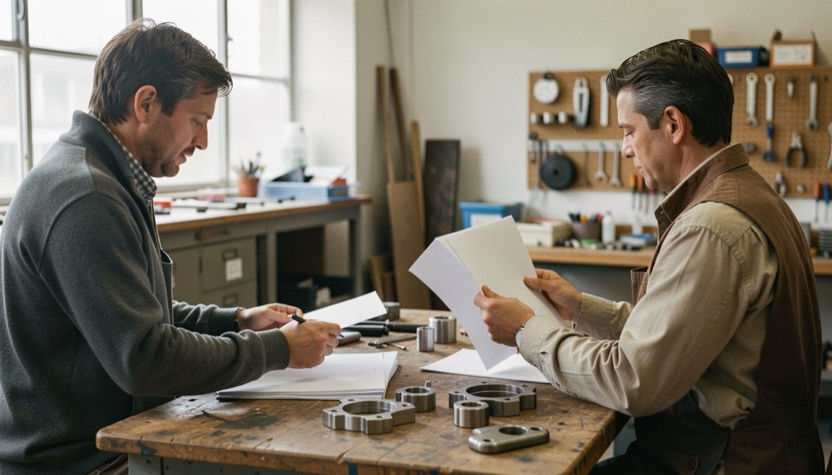 Two editors review blank folders beside sample metal parts at a workshop table, candid side view.