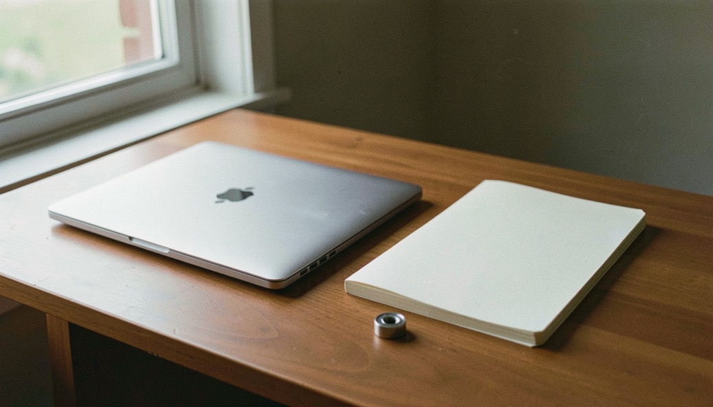 A quiet desk holds a closed laptop, blank notebook, and a small metal part in afternoon window light.