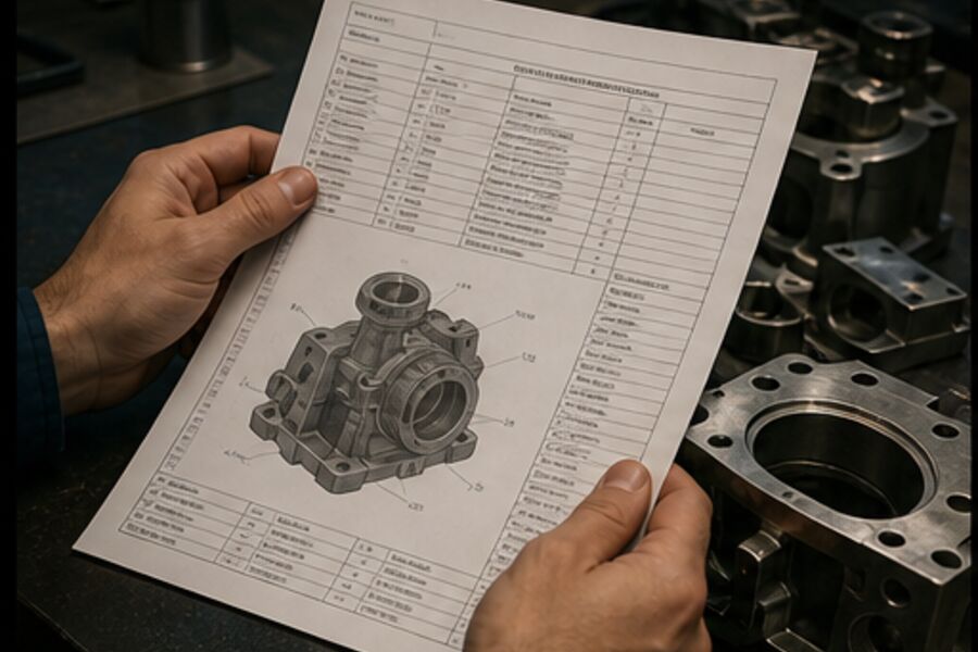 A reviewed product record beside a machined aluminum component.