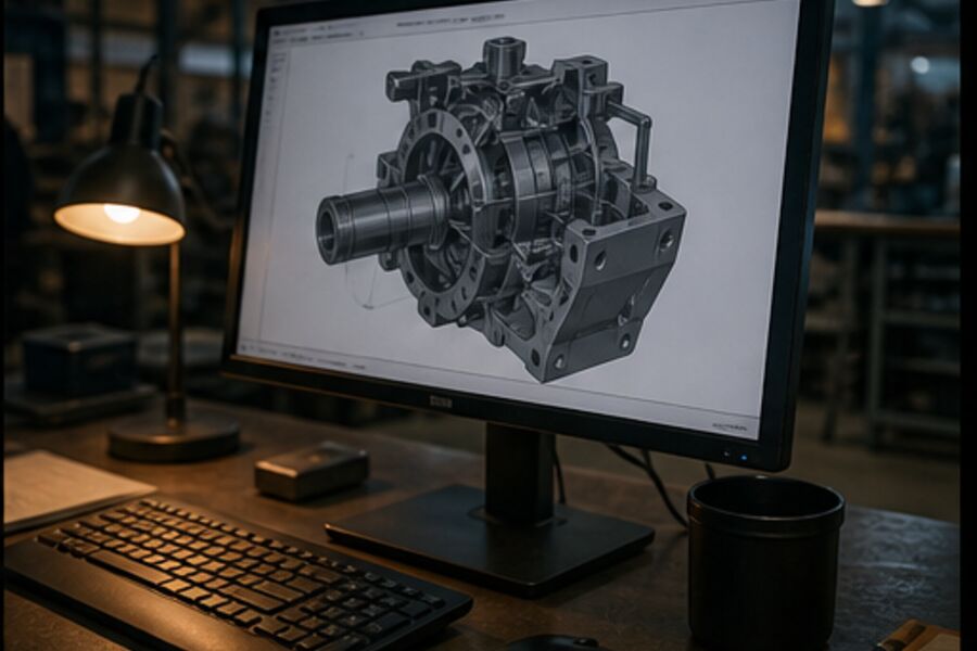 A CAD workstation beside the manufactured assembly it describes.