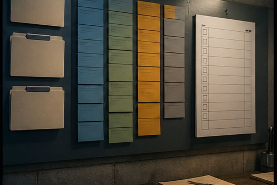 A planning wall where data ownership and validation are mapped.
